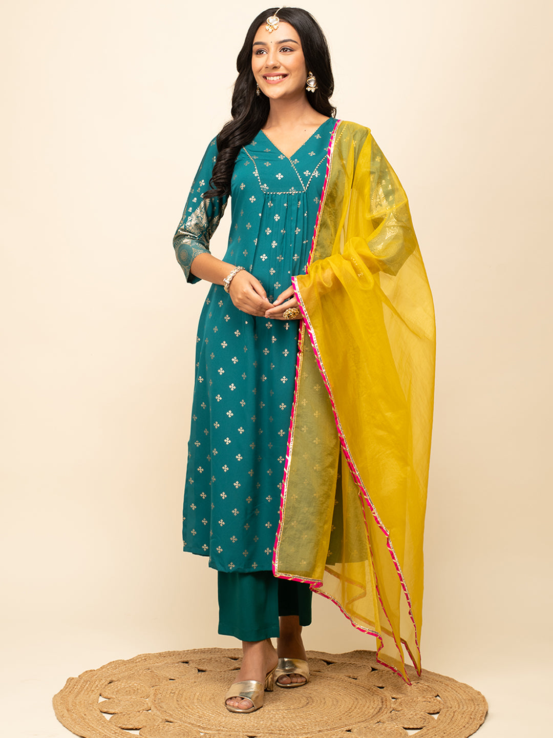 FIORRA Women's Teal Blue Crepe A-Line Kurta Pant with dupatta